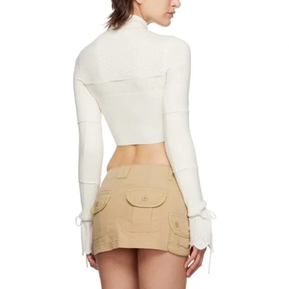 Danielle Guizio Ivory Cashmere Wool Pointelle Knit Tie Front Crop Sweater Small - Picture 5 of 13